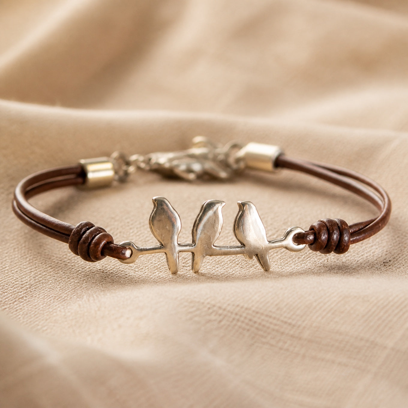 Three Birds Charm Leather Cord Bracelet with Wood Beads