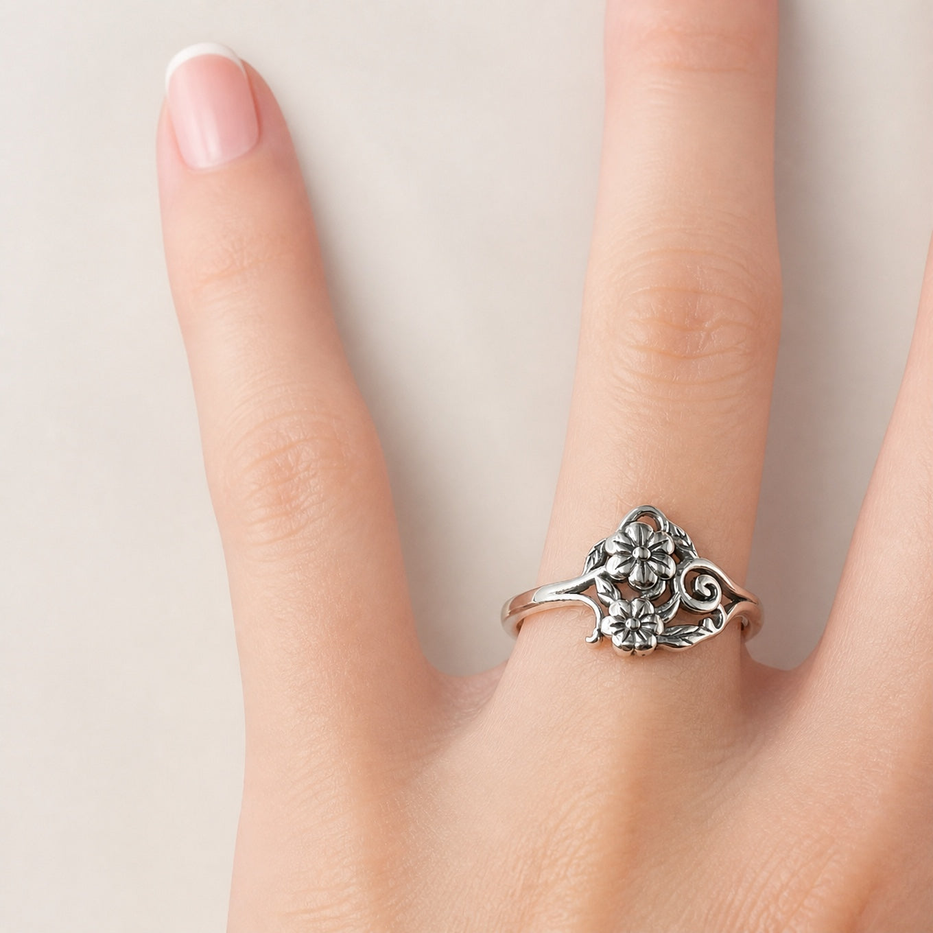 Double Sunflower Statement Ring with Spiral Leaf Detail in Oxidized Silver