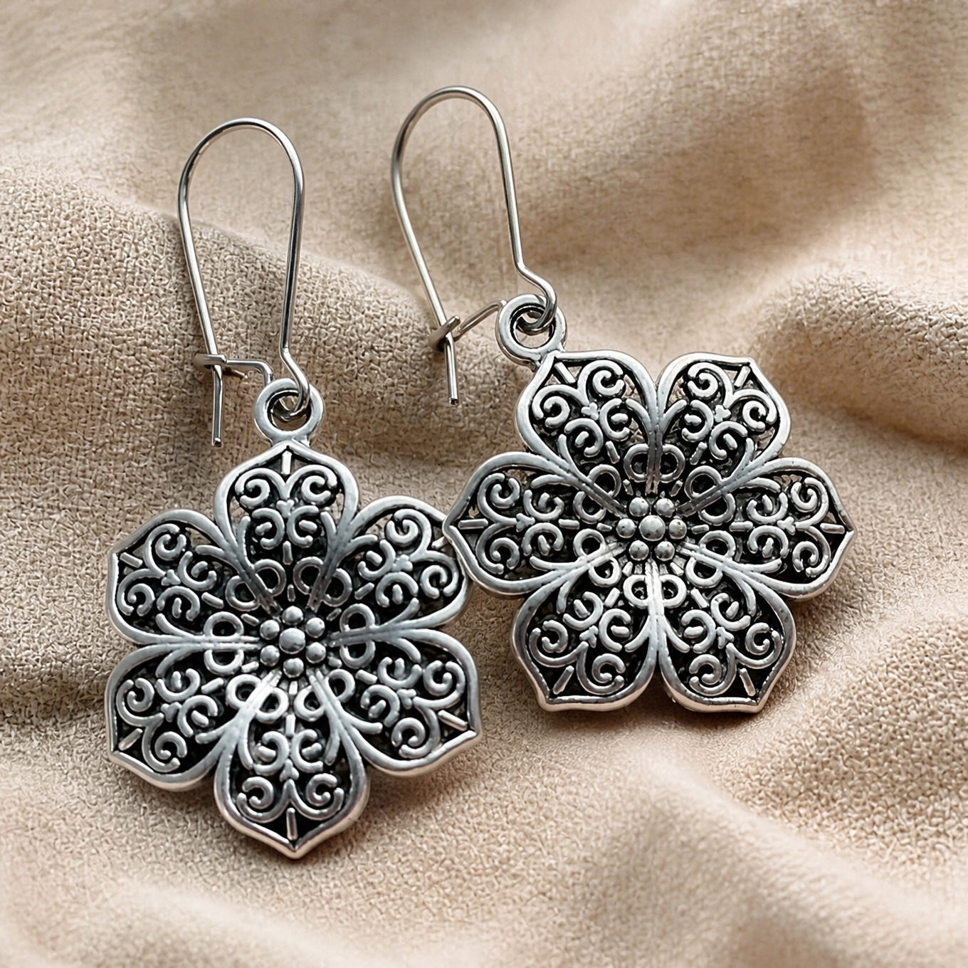 Filigree Flower Drop Earrings with Zirconia Accents in Antique Silver Tone