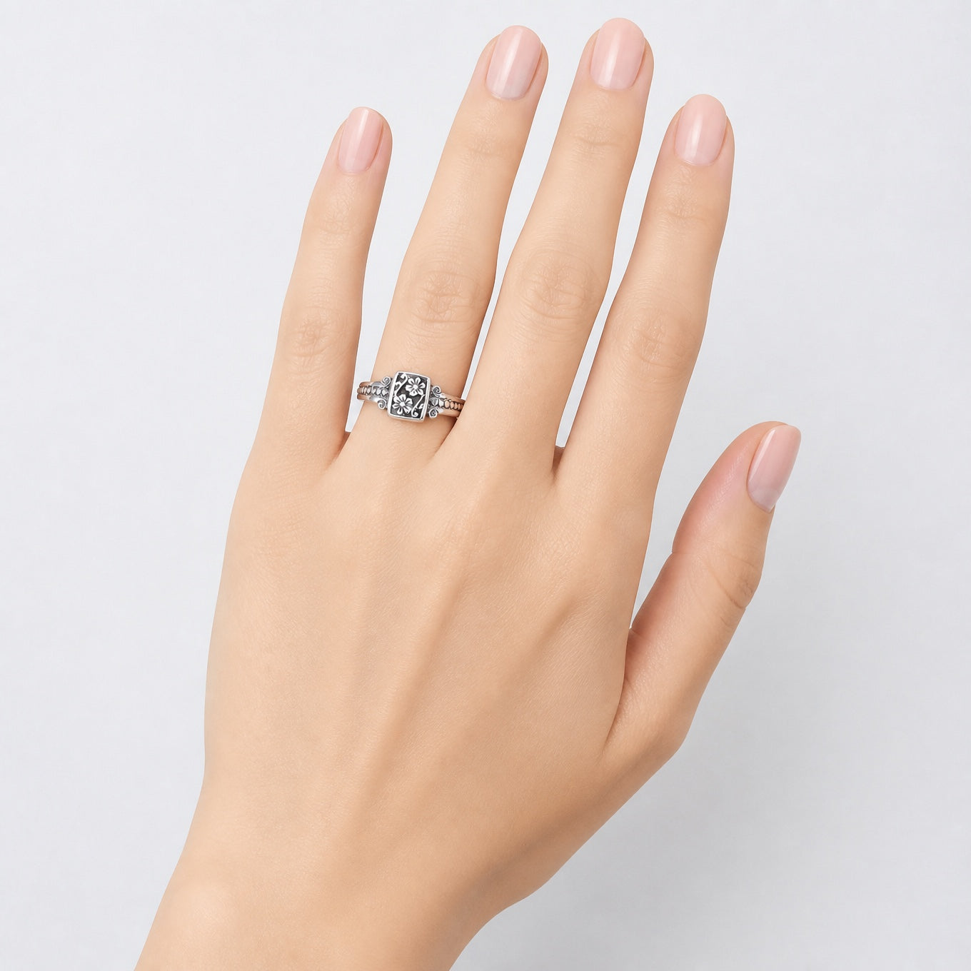 Silver-Tone Floral Filigree Ring with Scroll Detail