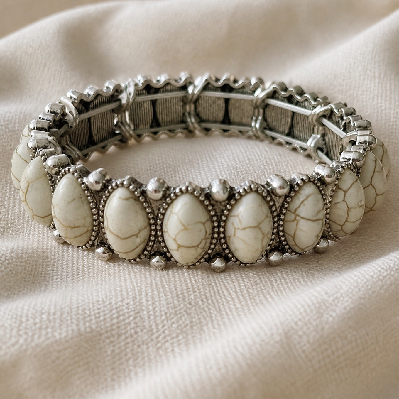 Oval Crackle Stone Bangle with Beaded Silver-Tone Detail