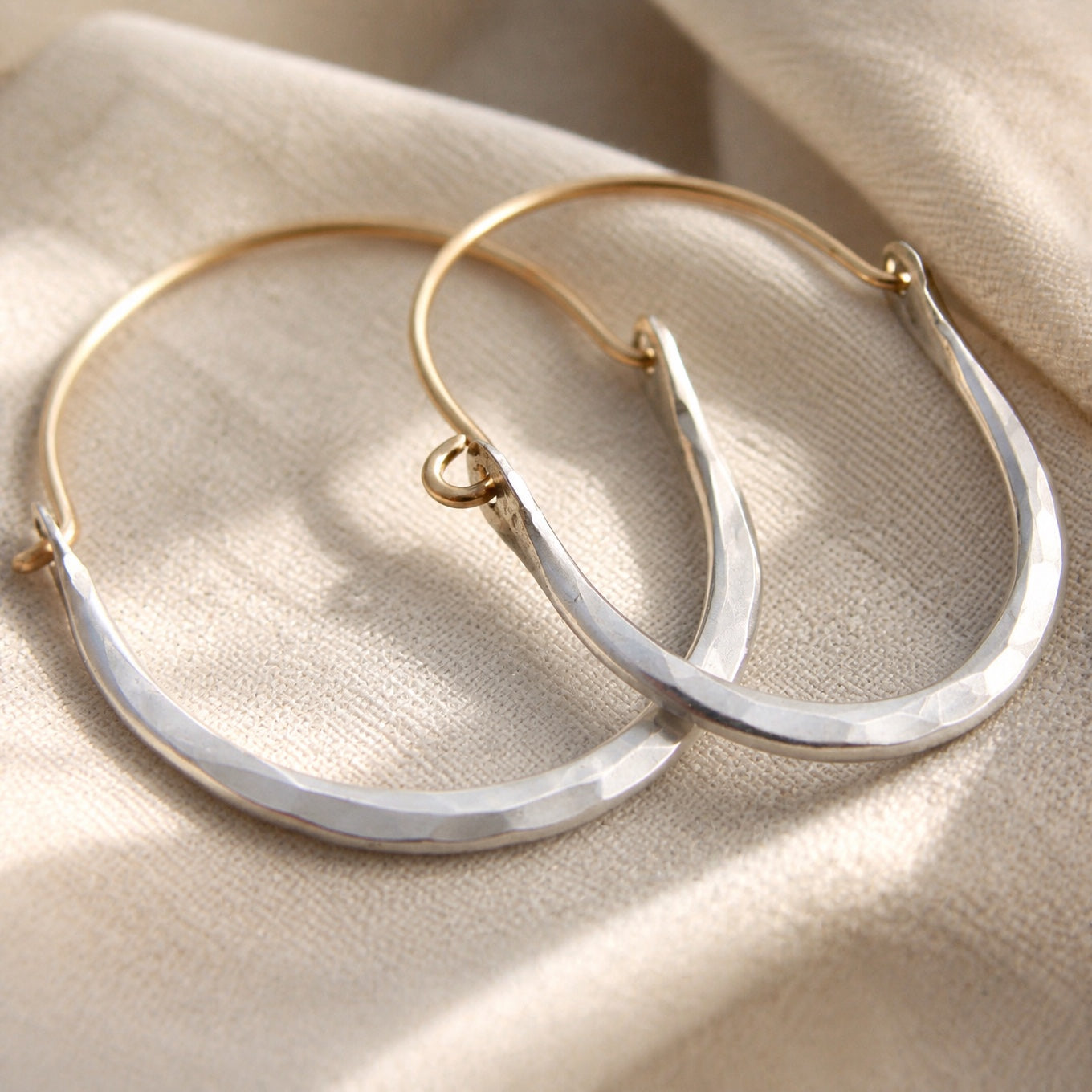 Hammered Sterling Silver & 14k Gold-Filled Hoop Earrings, Mixed-Metal Curved Design
