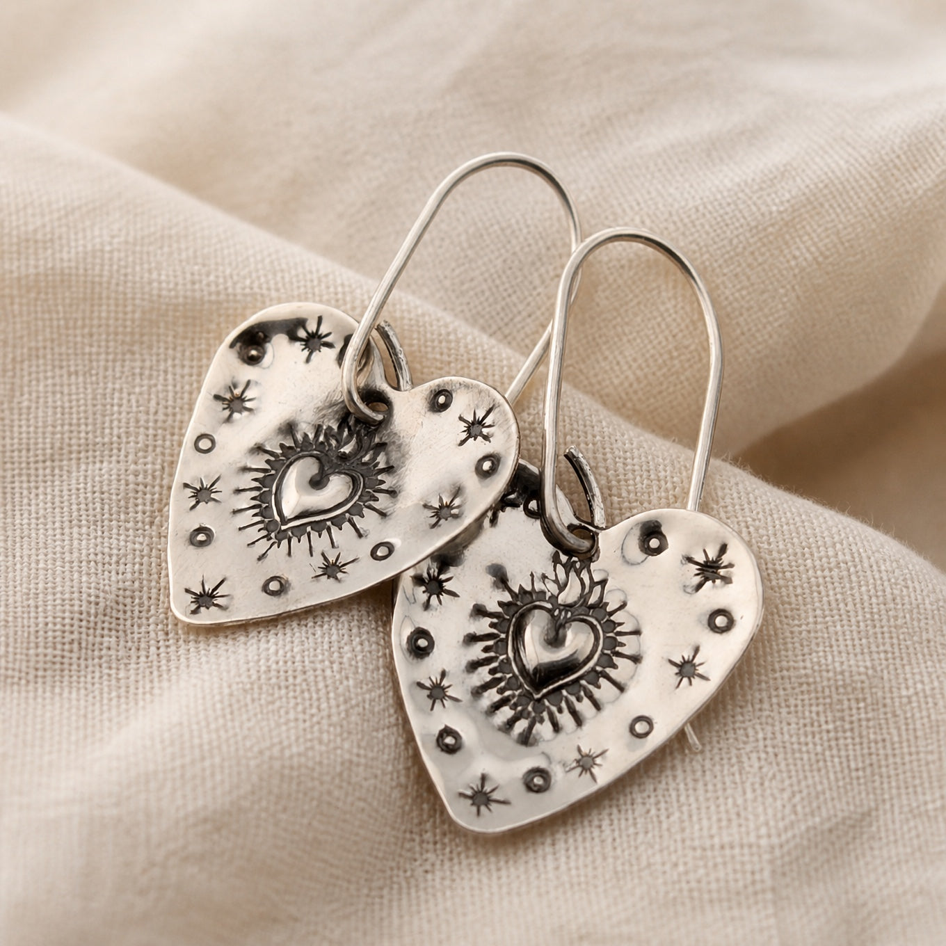 Sacred Heart Stamped Sterling Silver Drop Earrings, Oxidized Finish