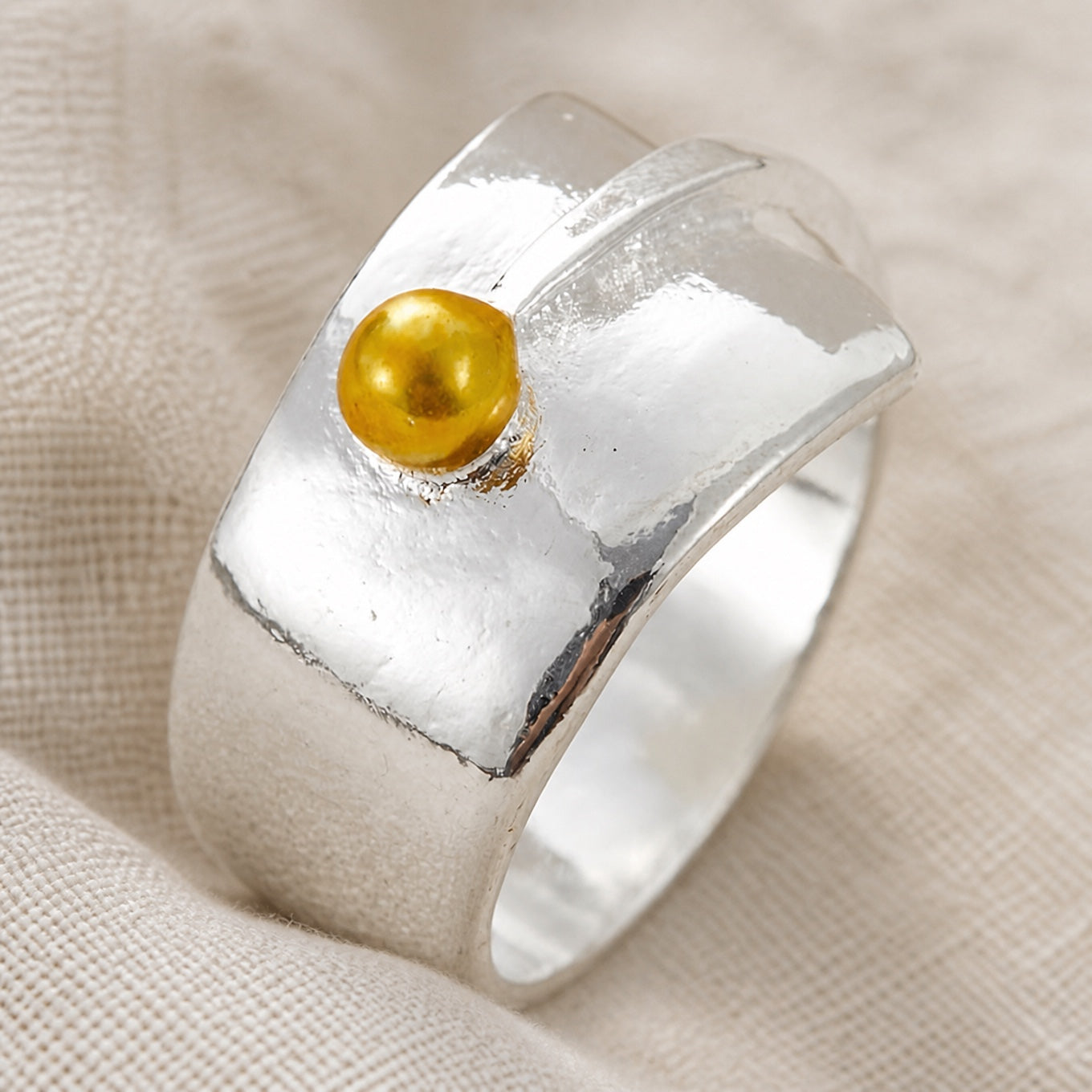 Textured Open-Band Statement Ring with Golden Bead Accent