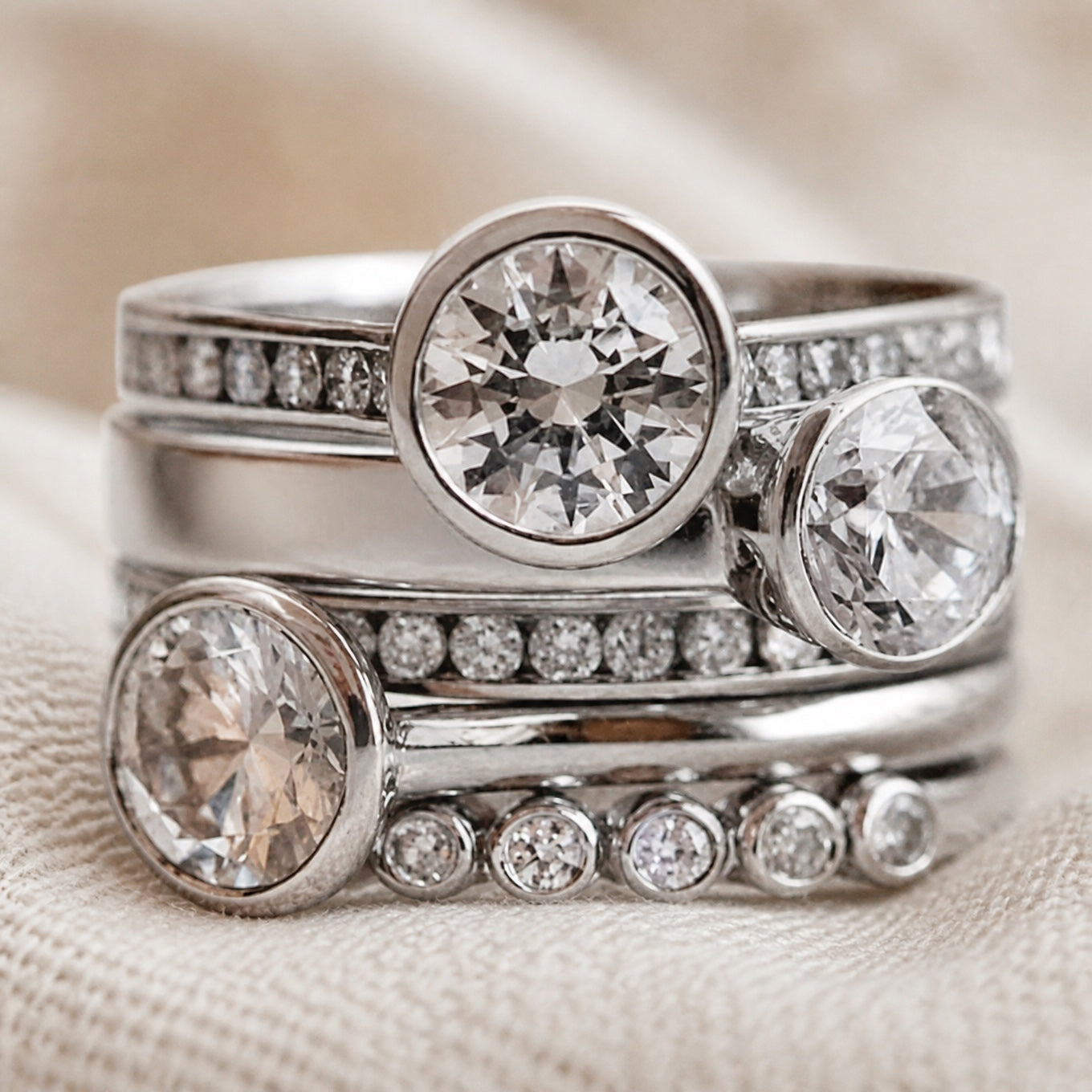 Round Bezel Cubic Zirconia Stacking Ring Set with Pave Band