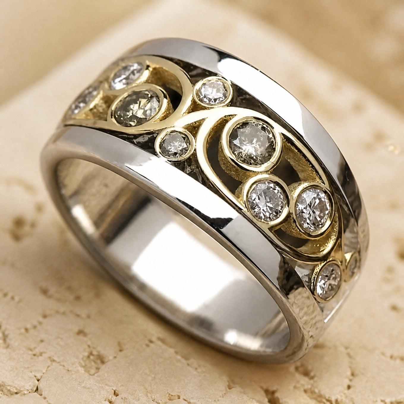 Round Zirconia Cocktail Ring with Two-Tone Filigree Design