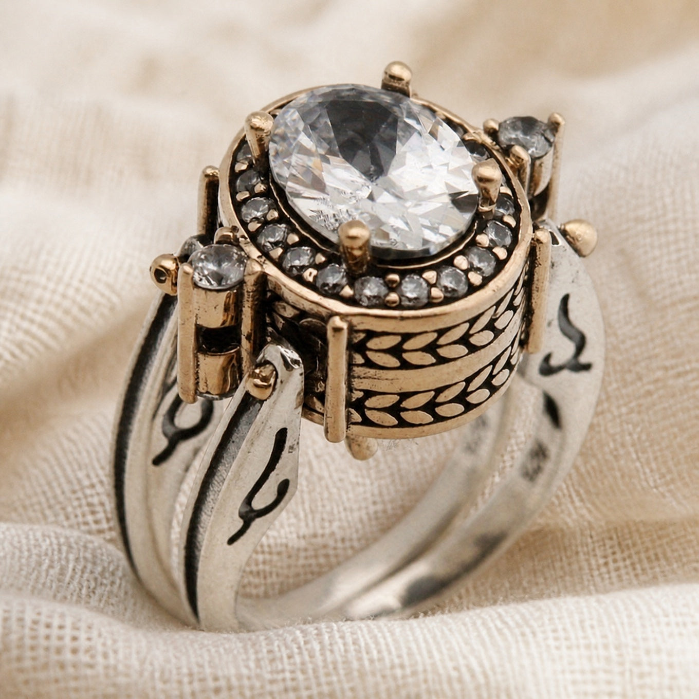 Halo Crystal Cocktail Ring with Black Enamel Band