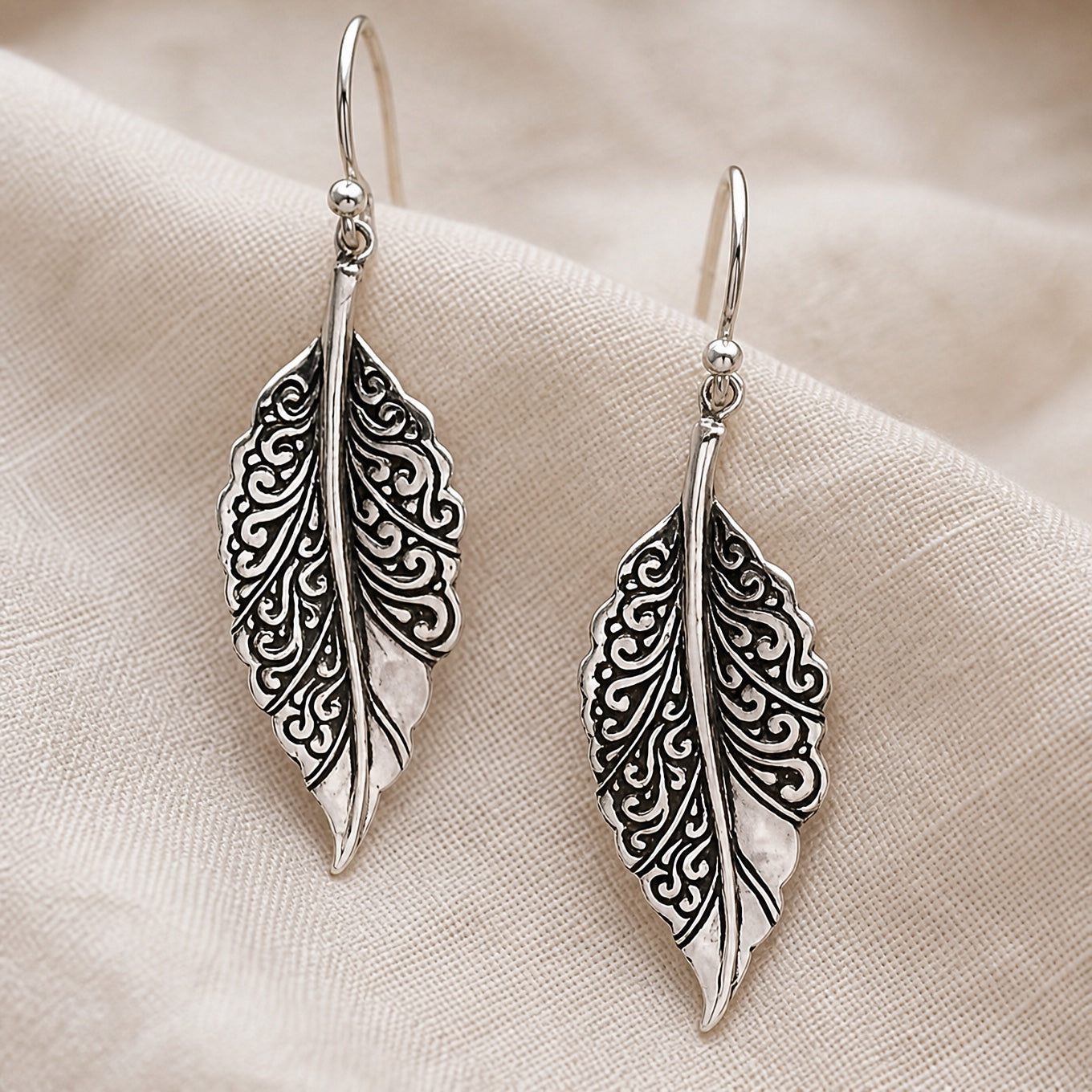 Leaf Filigree Drop Earrings with Silver-Tone Scrollwork Detail