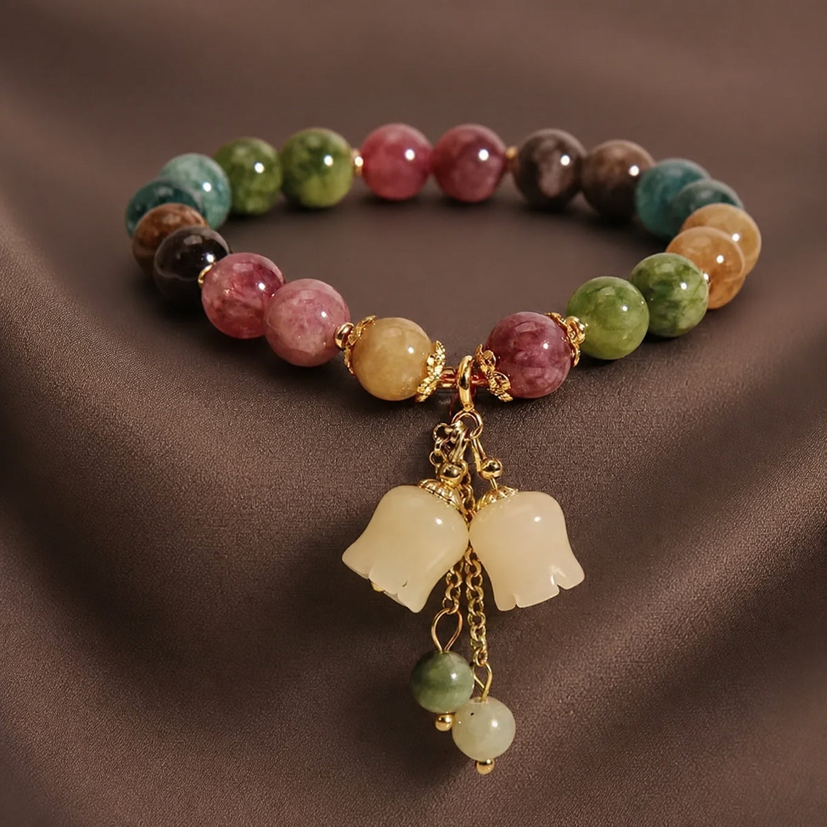 Multicolor Jade Beaded Bracelet with Bell Flower Charm Pendant — main image