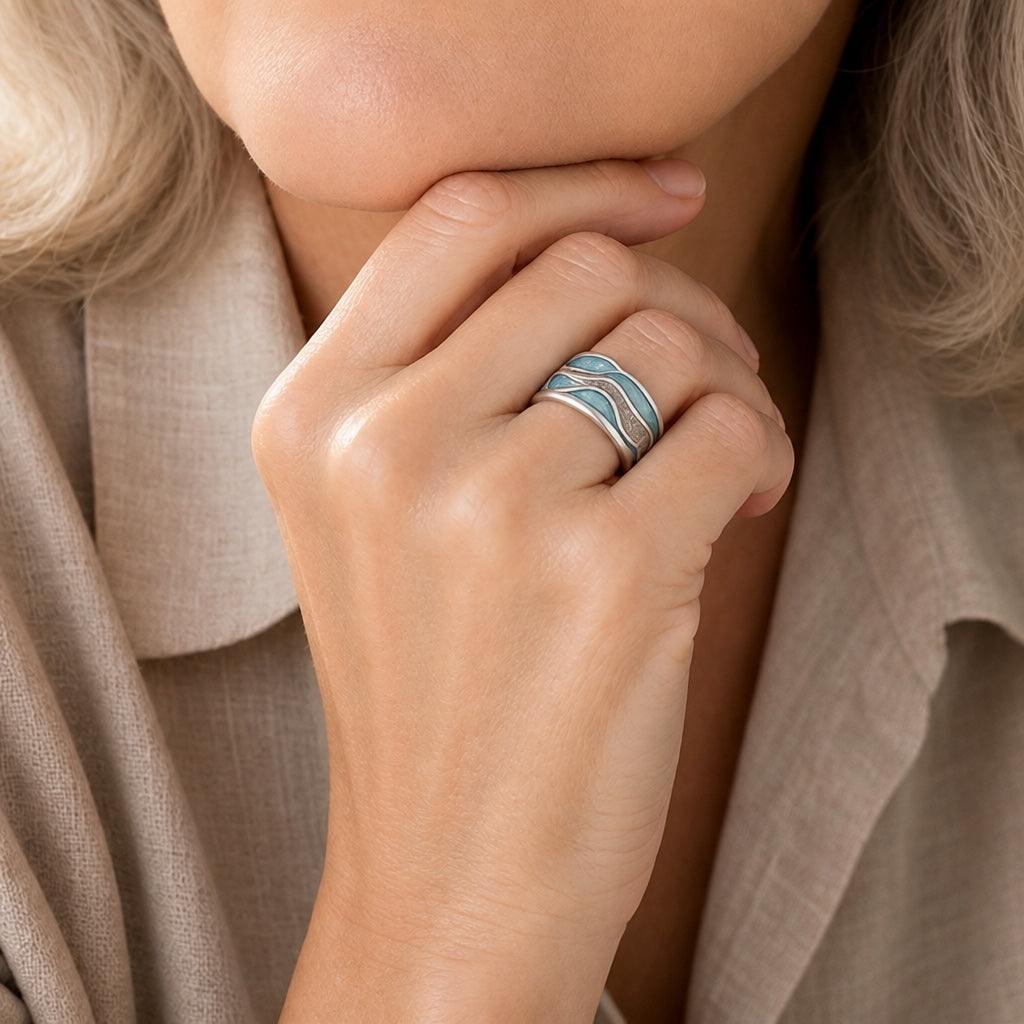 Turquoise Wave Ring with Silver-Tone Chevron Band