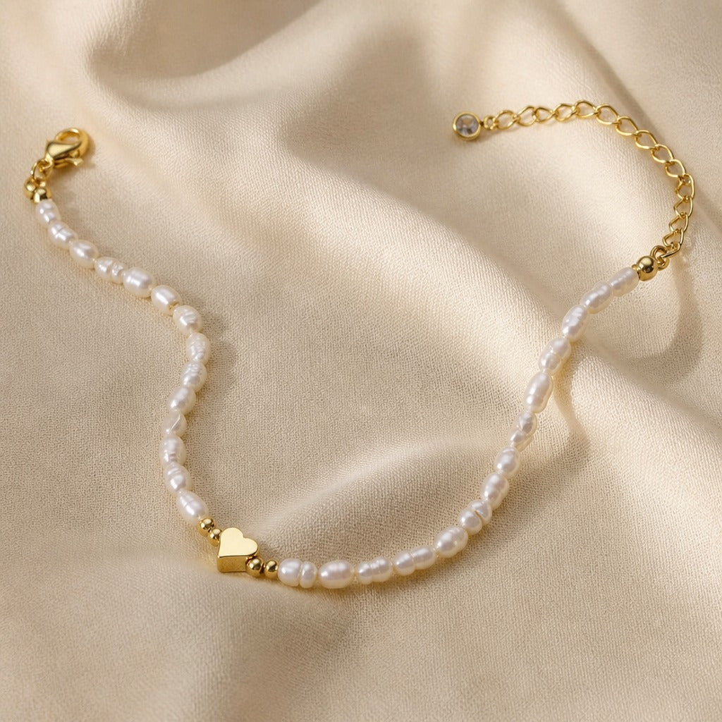 Baroque Pearl Heart Charm Bracelet with Adjustable Gold-Tone Chain — view 2