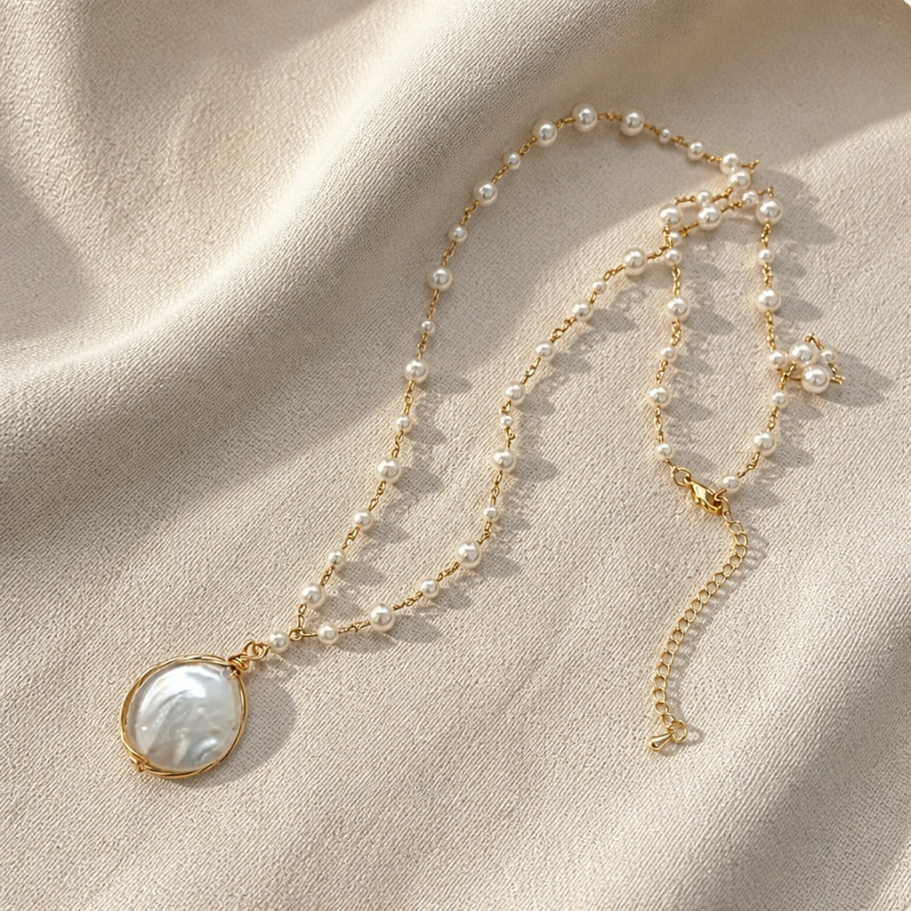 Oval Baroque Pearl Pendant Necklace with Gold-Tone Beaded Chain — view 2