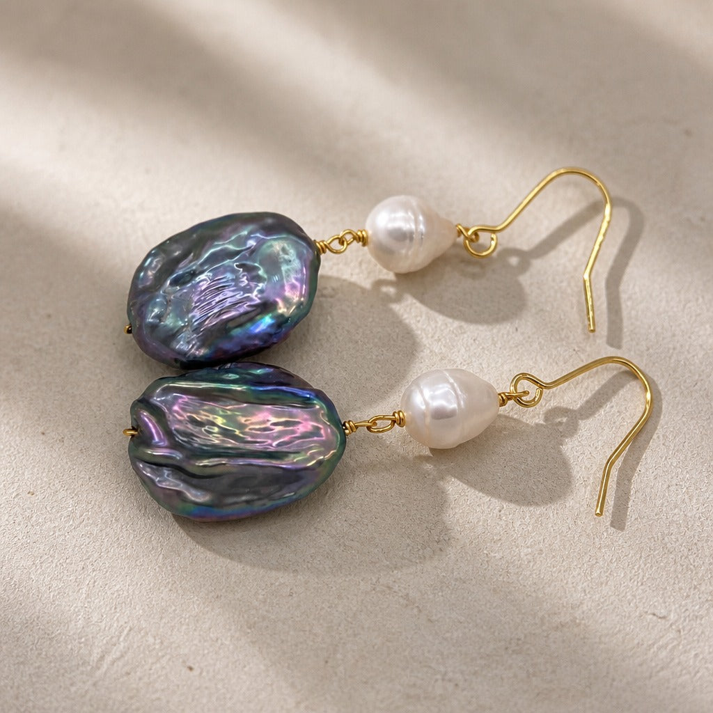 Baroque Pearl Dangle Earrings with Peacock Iridescent Drop — view 2