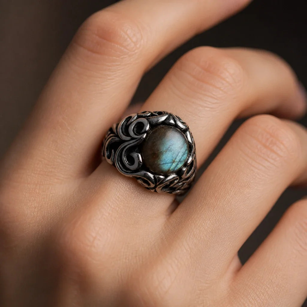 Oval Labradorite Ring with Sterling Silver Scrollwork Band — view 2
