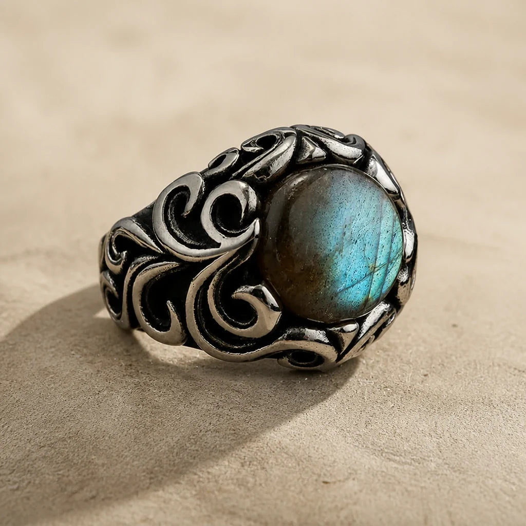 Oval Labradorite Ring with Sterling Silver Scrollwork Band — main image