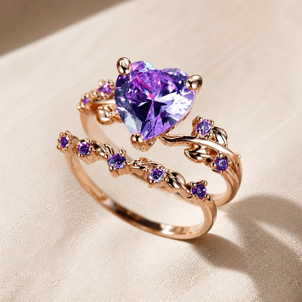Heart-Shaped Amethyst Ring with Rose Gold Leaf and Vine Band