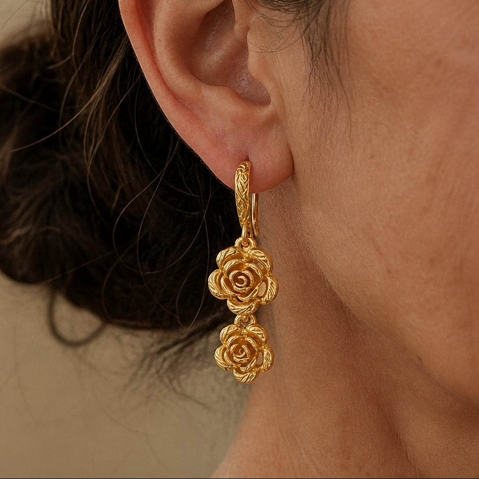 Gold-Tone Rose Dangle Earrings with Lever-Back Closure — main image