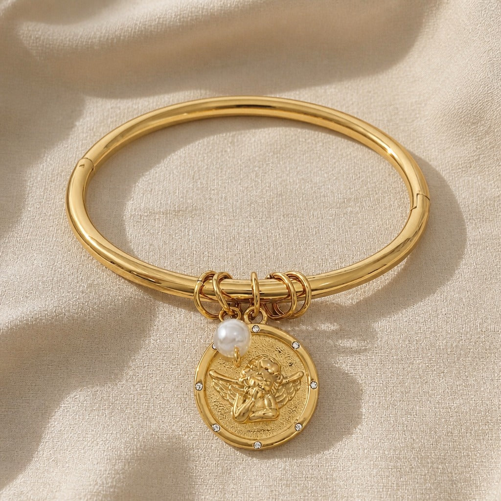 Angel Charm Hinged Bangle with Pearl and Rhinestone Accents, Gold Tone — main image
