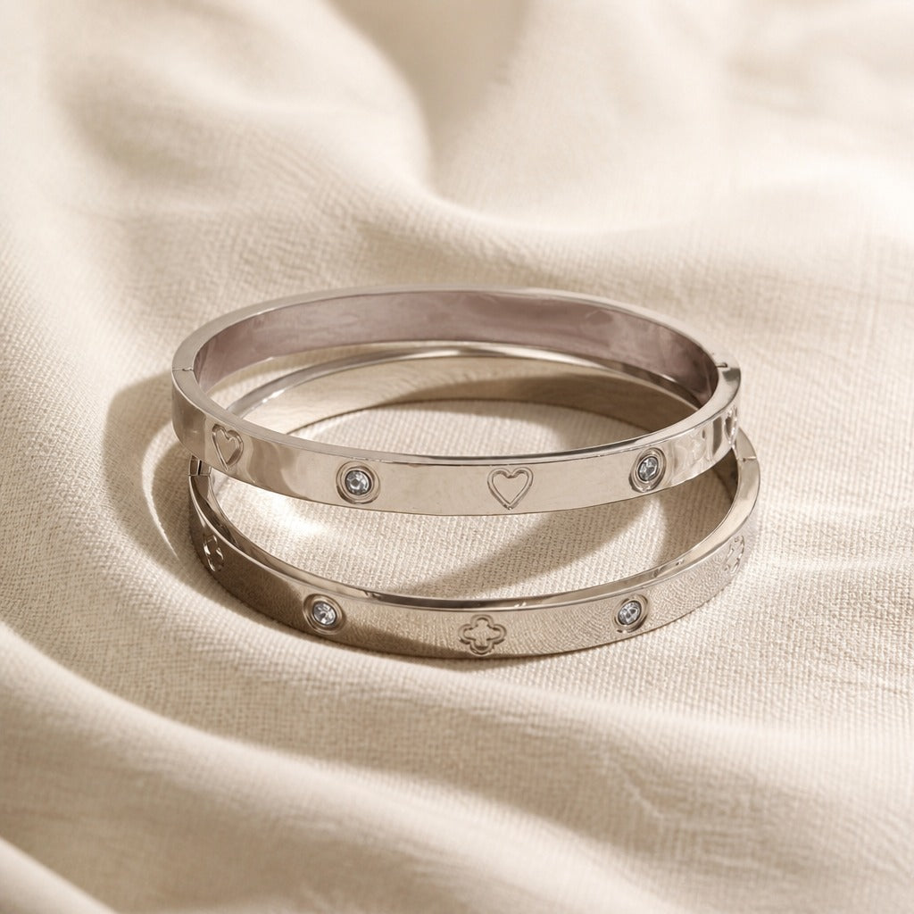 Heart & Four-Leaf Clover Bangle Bracelet with Cubic Zirconia in Gold or Silver Tone — view 2