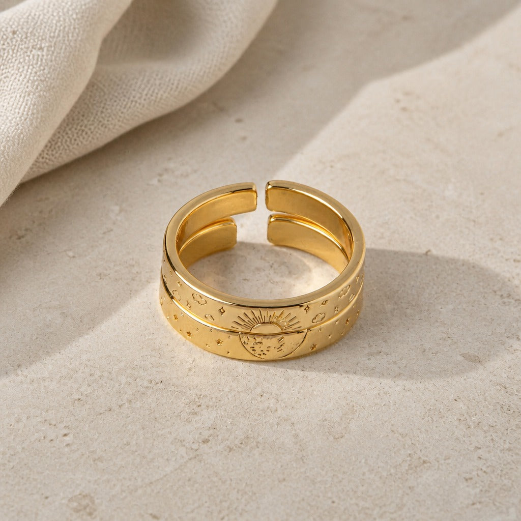 Celestial Sun & Moon Engraved Gold Adjustable Cuff Ring — view 2