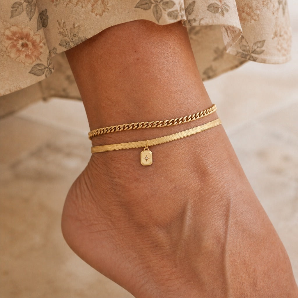 Star Tag Layered Anklet Set in Gold Tone with Curb and Herringbone Chains — main image
