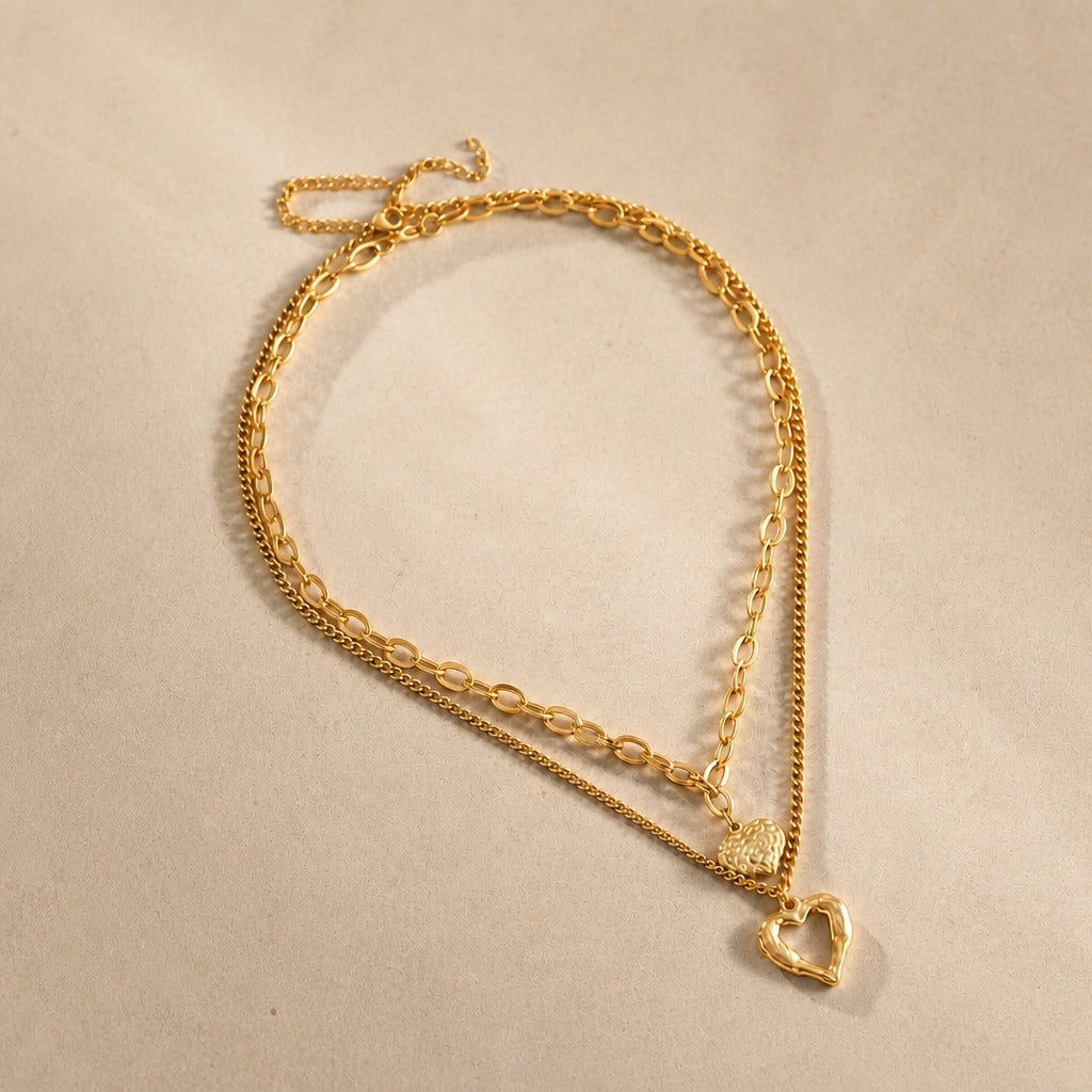 Double Heart Pendant Gold-Tone Layered Necklace with Dual Chain Design — view 2