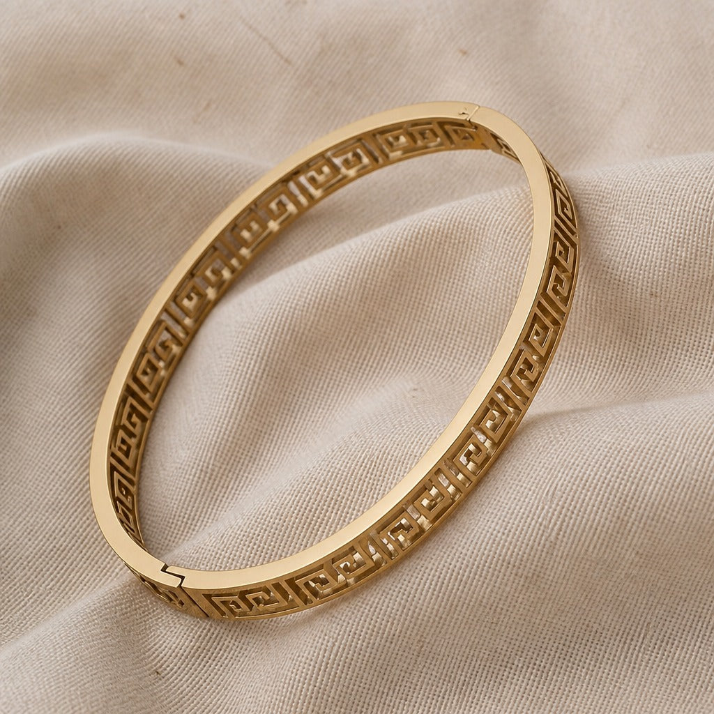 Greek Key Open Bangle Bracelet in Gold Tone with Hinged Closure — main image
