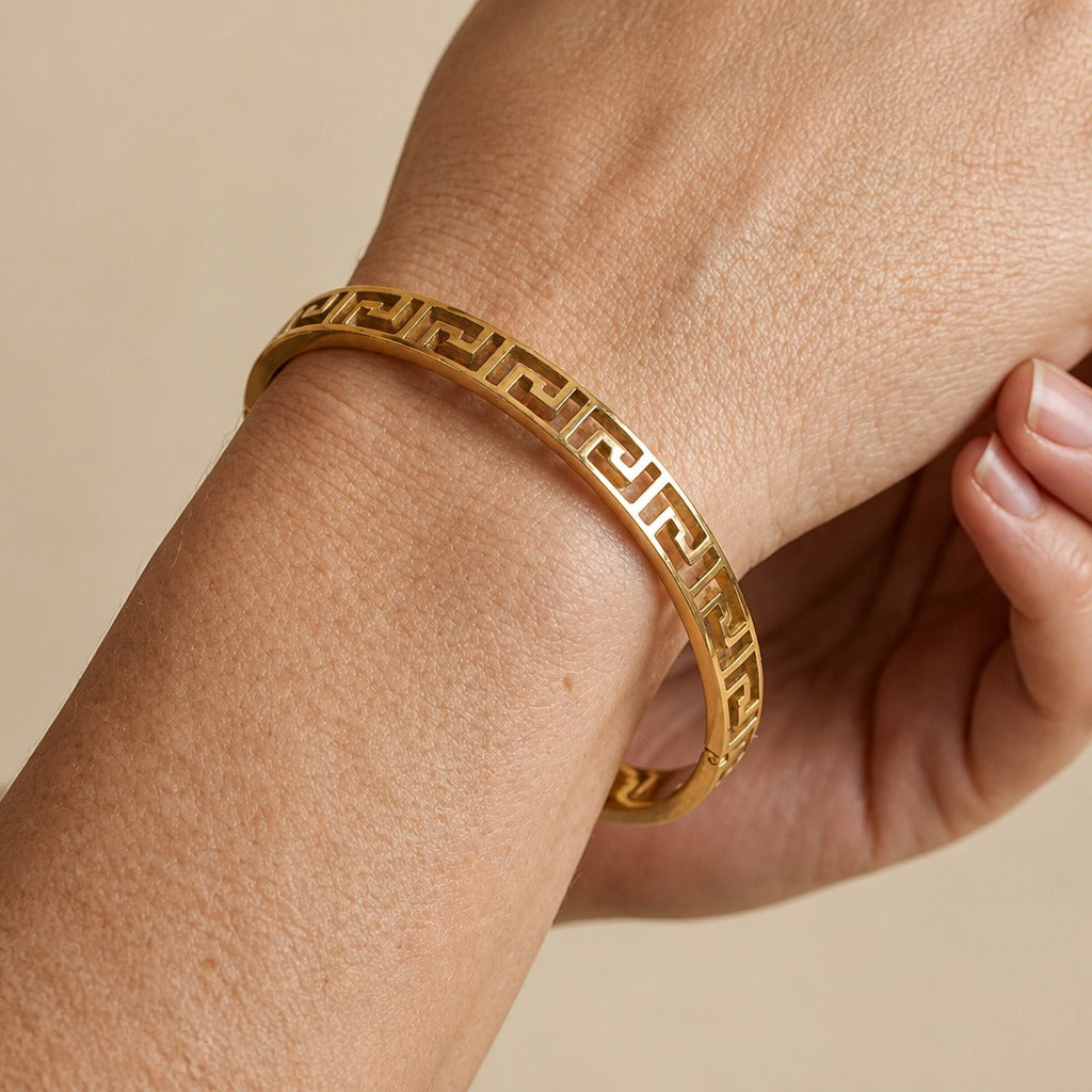 Greek Key Open Bangle Bracelet in Gold Tone with Hinged Closure — view 2