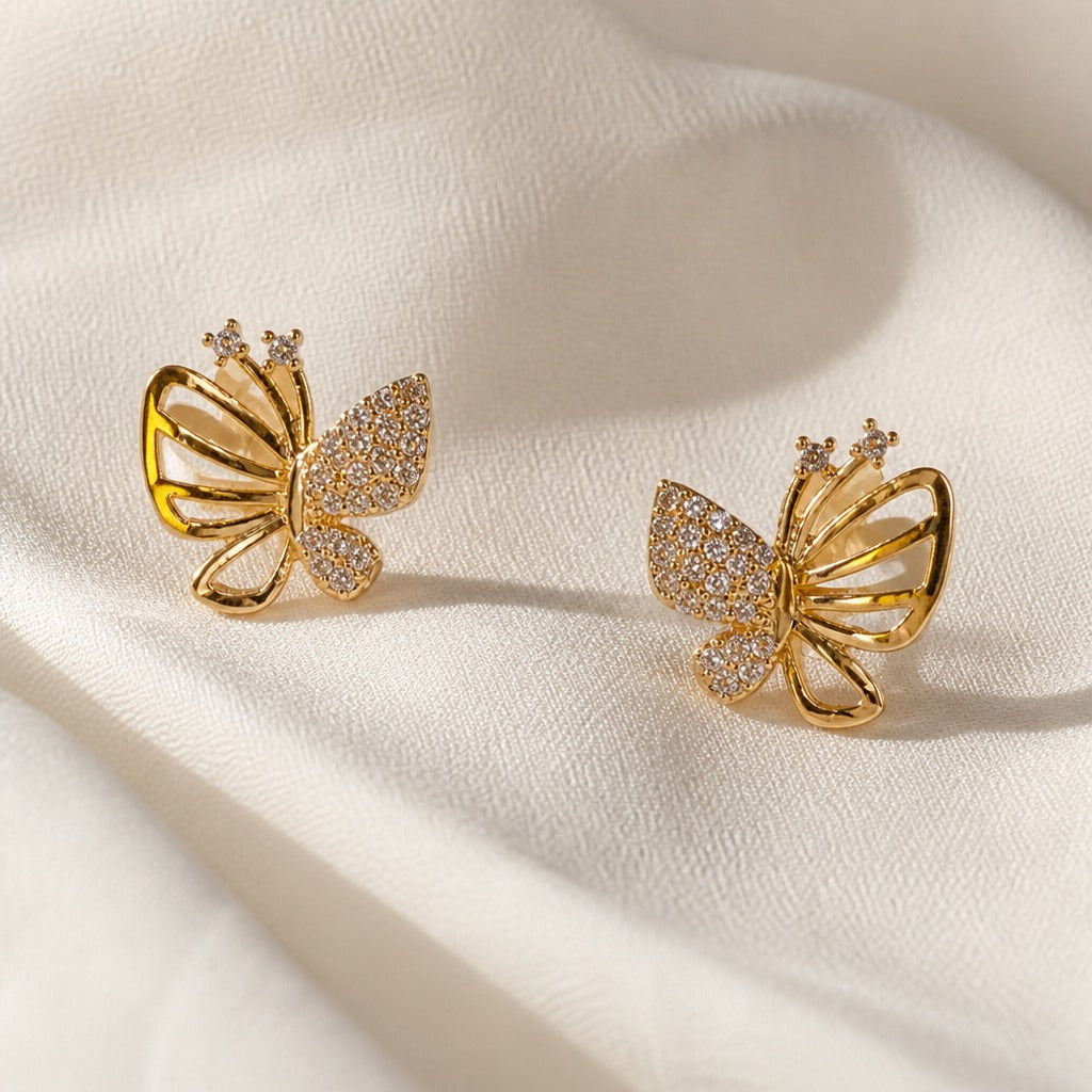 Butterfly Zircon Stud Earrings with Hollow Gold-Tone Open-Work Design — view 2