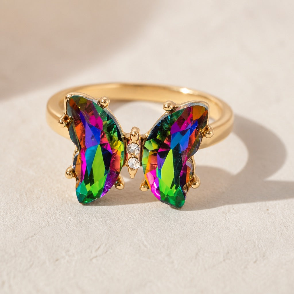 Rainbow Butterfly Crystal Statement Ring with Gold-Tone Setting — view 2