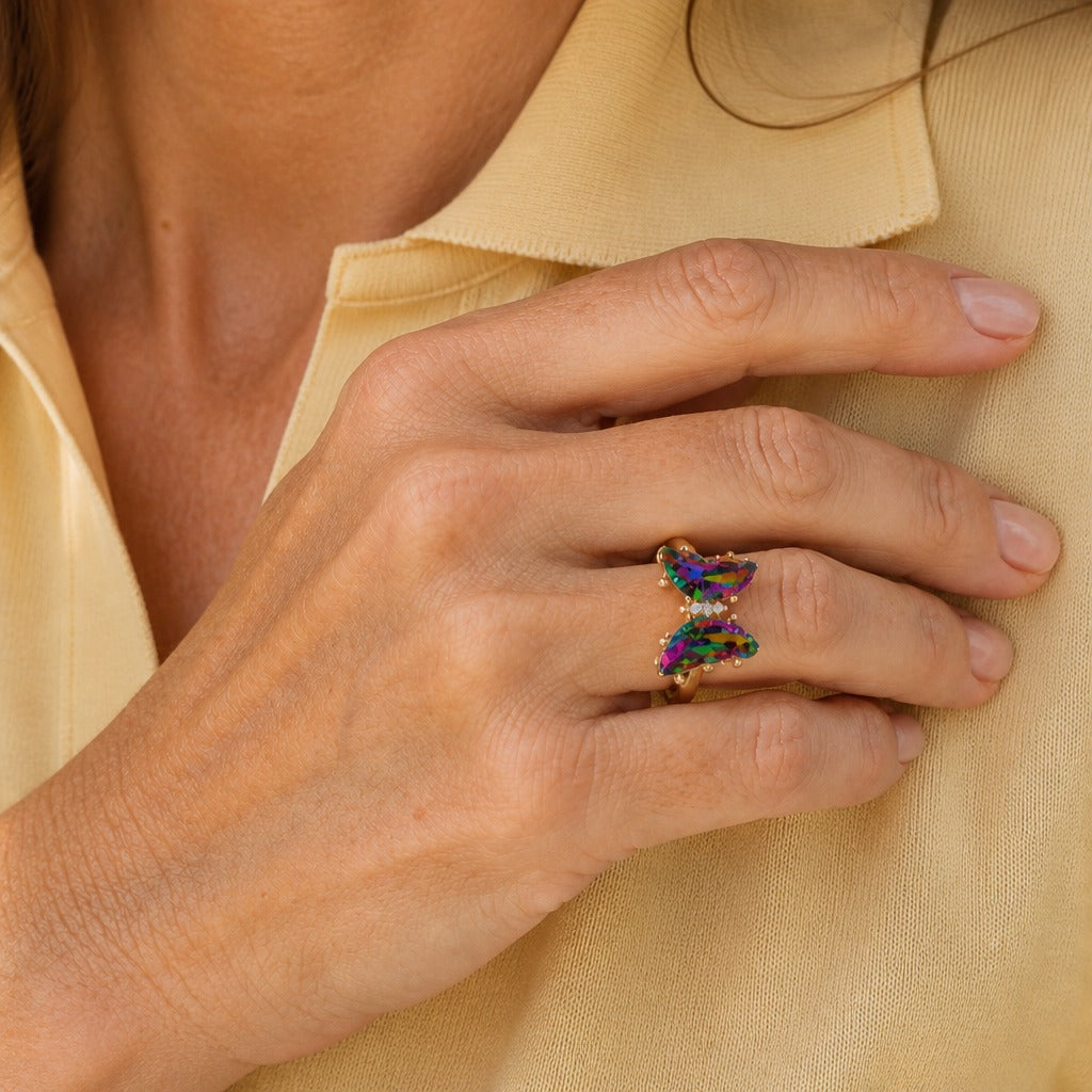 Rainbow Butterfly Crystal Statement Ring with Gold-Tone Setting — main image