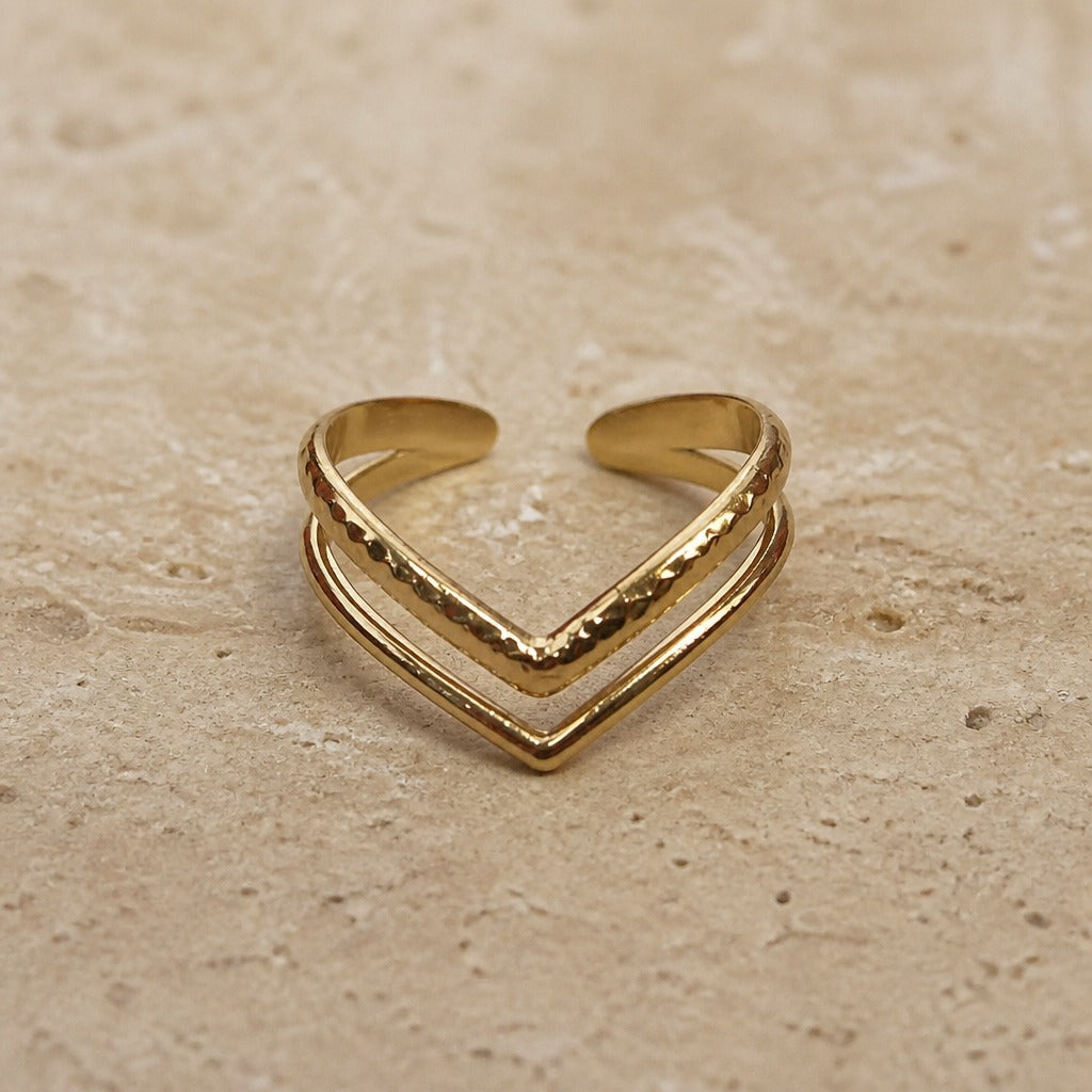 Adjustable Open Chevron Ring with Hammered Texture in Gold Tone — main image