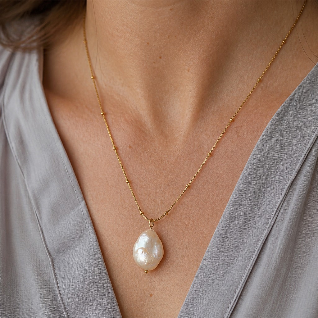 Baroque Freshwater Pearl Pendant Necklace with Gold-Tone Beaded Chain — main image
