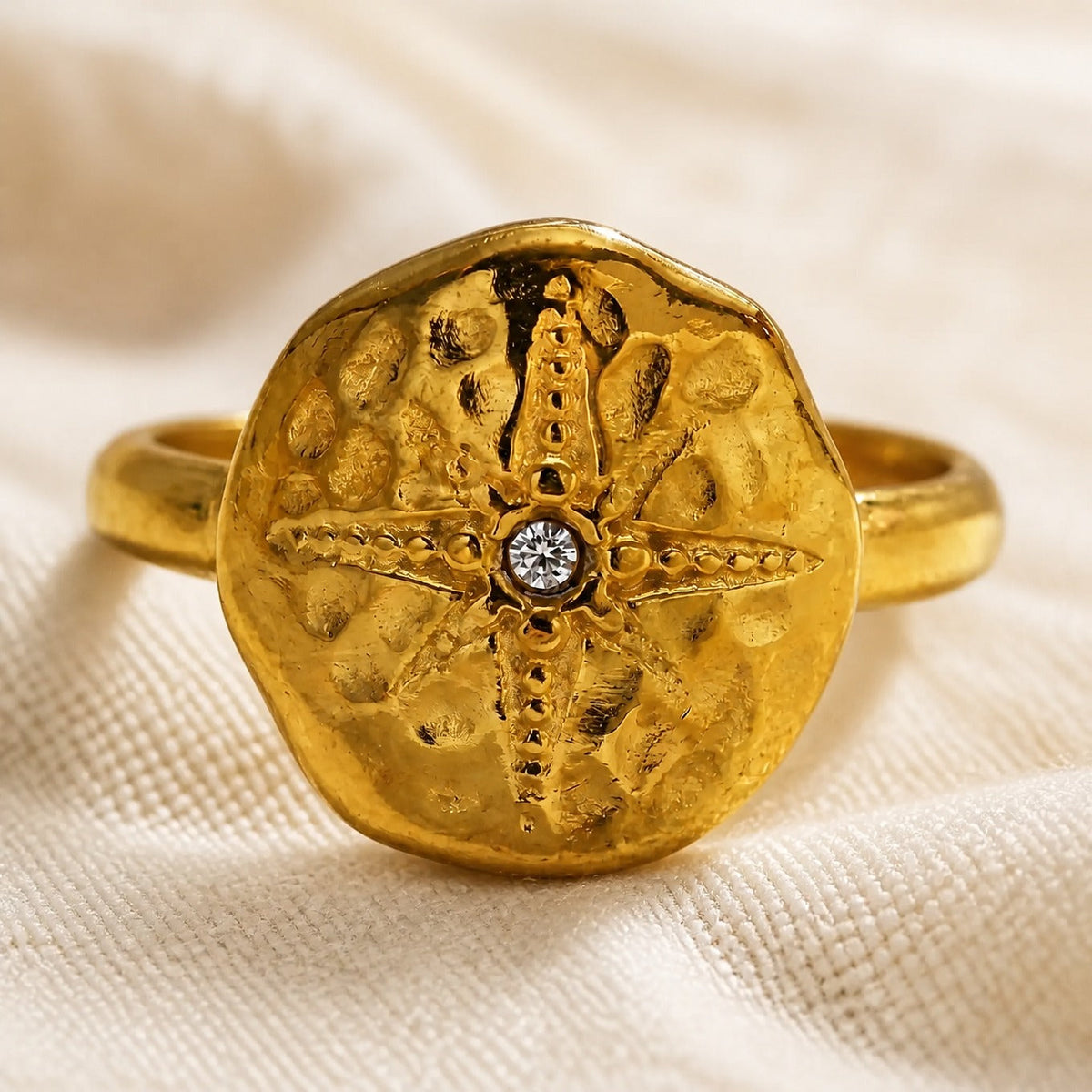Antique Gold-Tone Coin Medallion Ring with Cubic Zirconia Accent — view 2