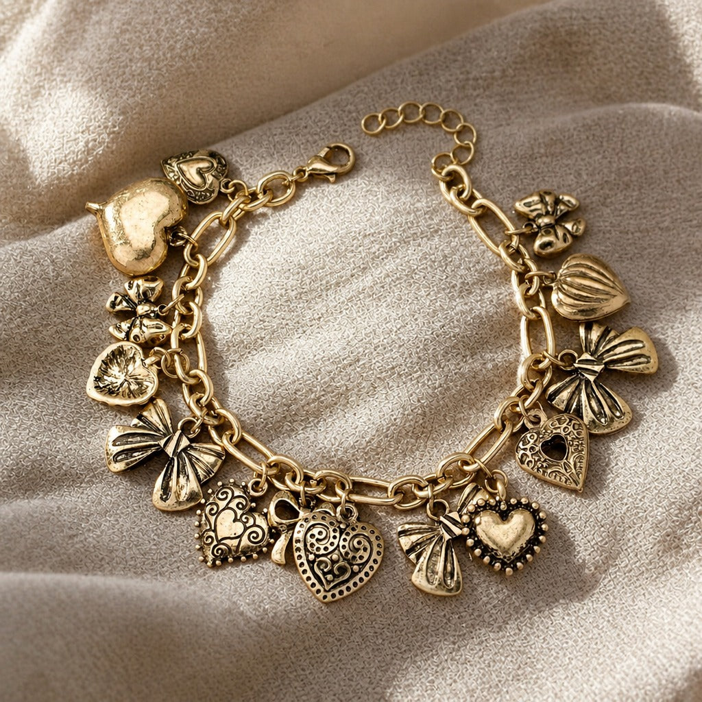 Heart & Seashell Charm Bracelet, Antiqued Gold-Tone Cluster Design with Lobster Clasp — main image