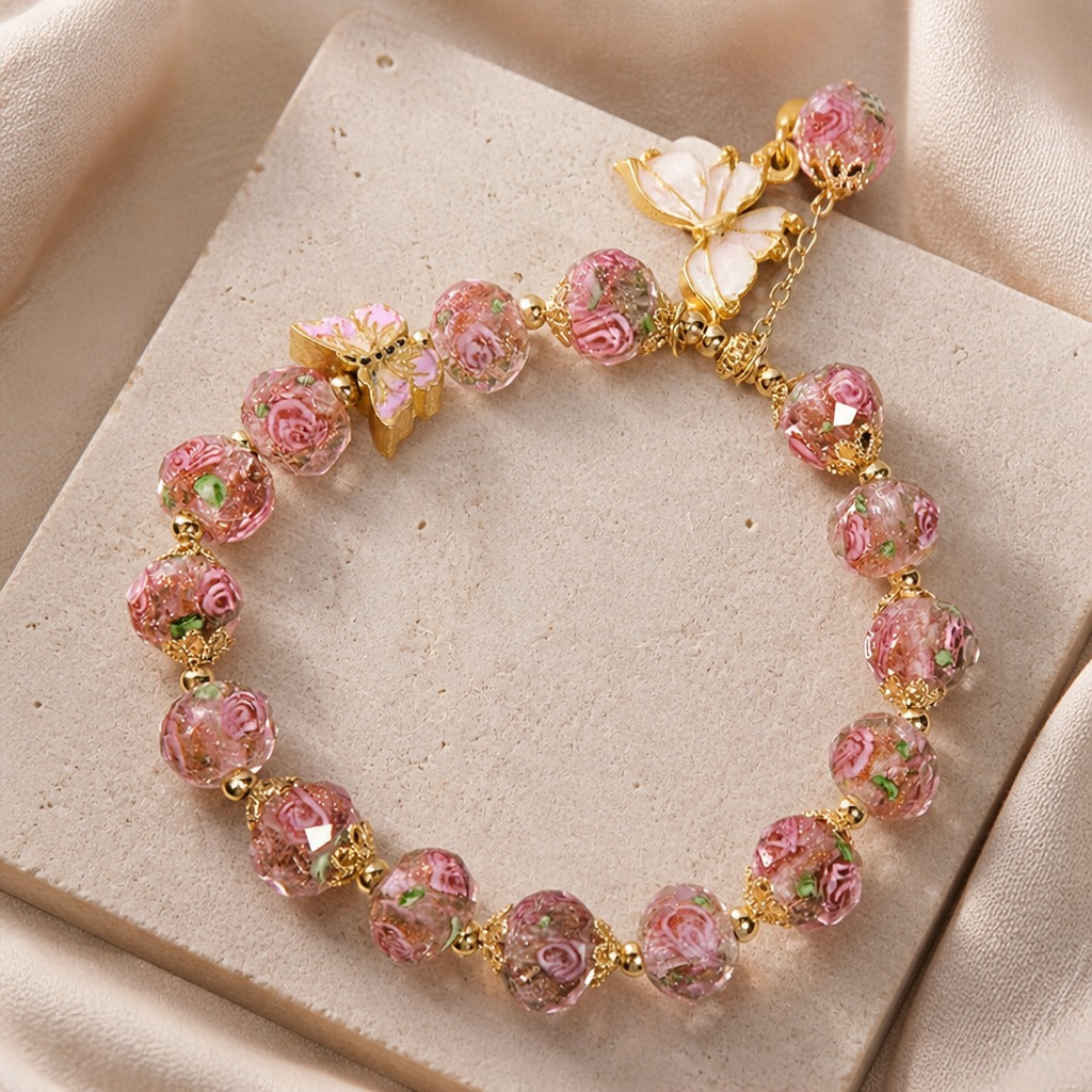 Pink Rose Floral Beaded Charm Bracelet with Gold-Tone Chain and Accent Beads — main image