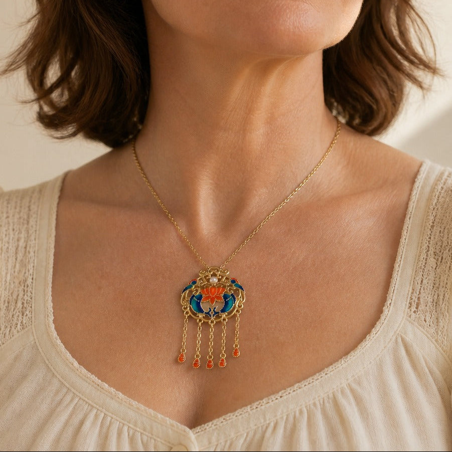 Filigree Flower Pendant Necklace with Pearl Accent and Tassel Fringe — main image