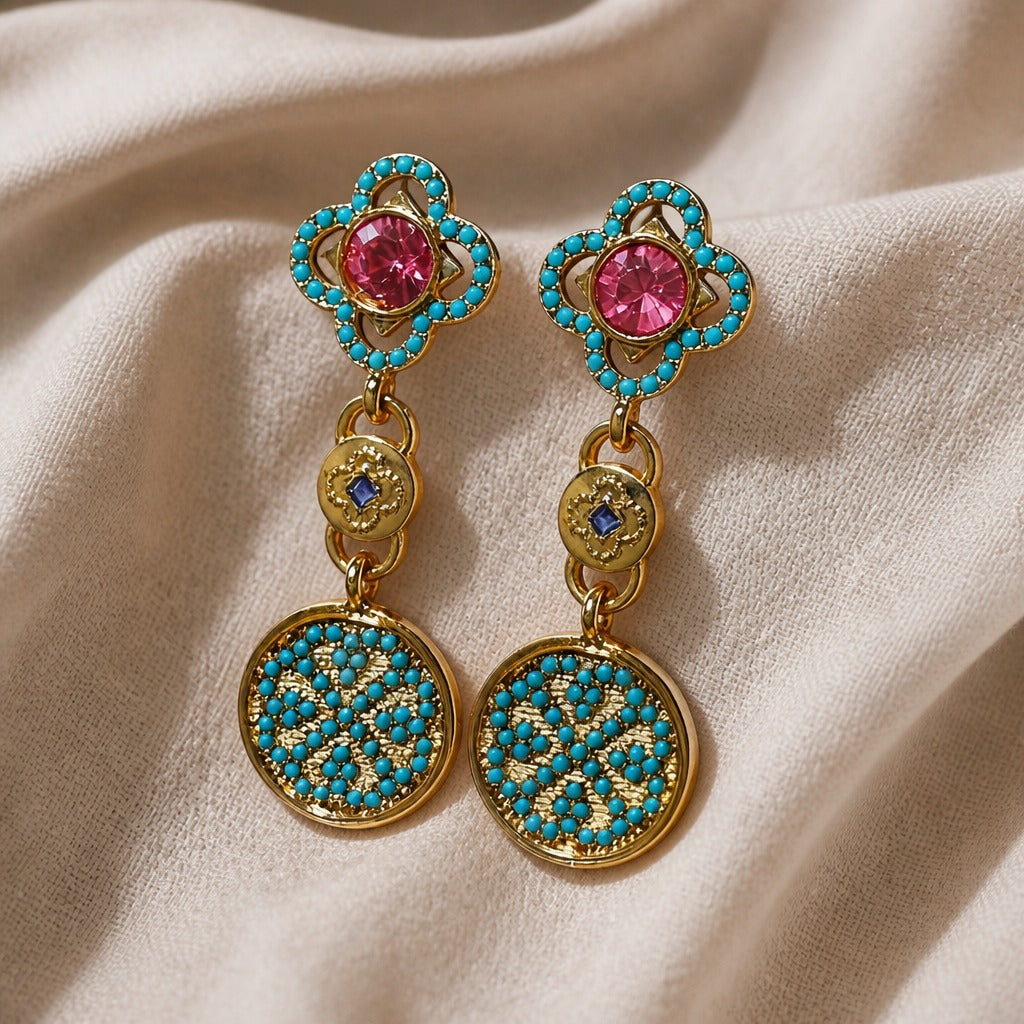 Flower Motif Turquoise Drop Earrings with Pink Stone Accent — main image