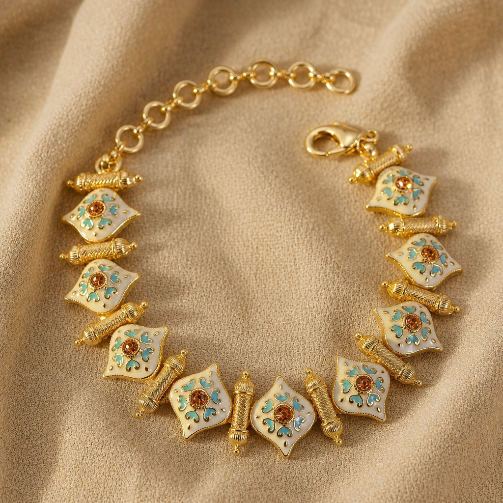 Turquoise Enamel Star Charm Bracelet, Gold-Tone Chain with Amber Rhinestone Accents — main image