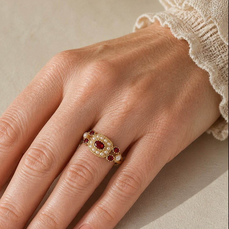 Pearl and Ruby-Tone Cocktail Ring with Split Shank Design — view 2