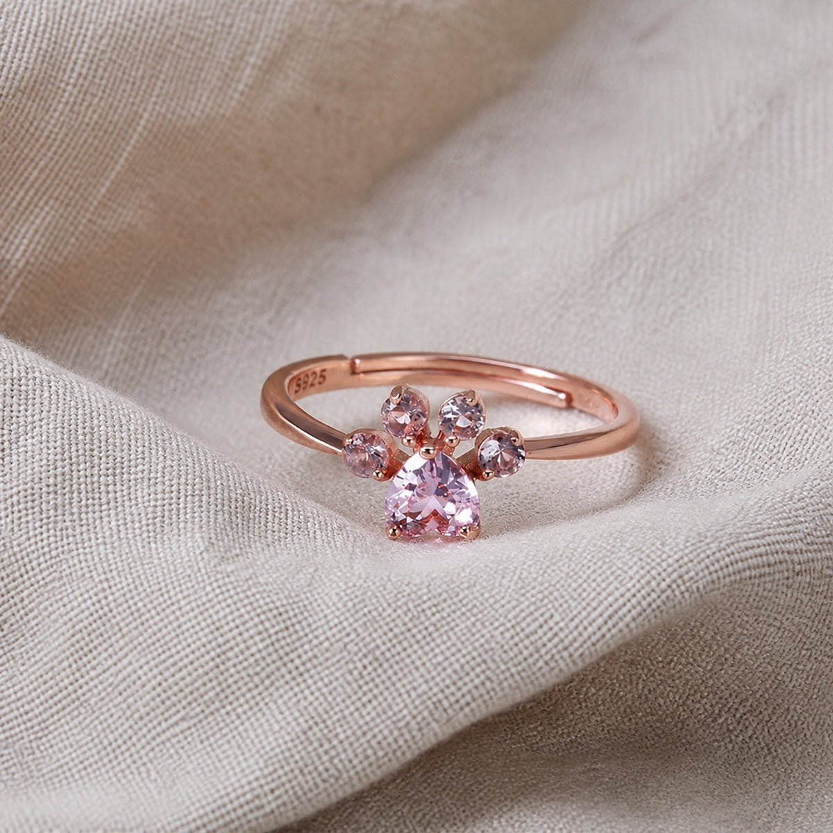 Heart-Shaped Pink Zircon Cluster Ring with Paw-Print Design in Rose Gold Tone — main image