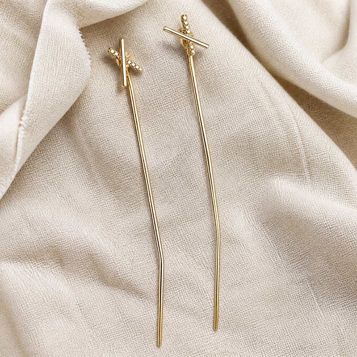 Geometric Cross-Bar Drop Earrings with Textured Copper Detail — main image