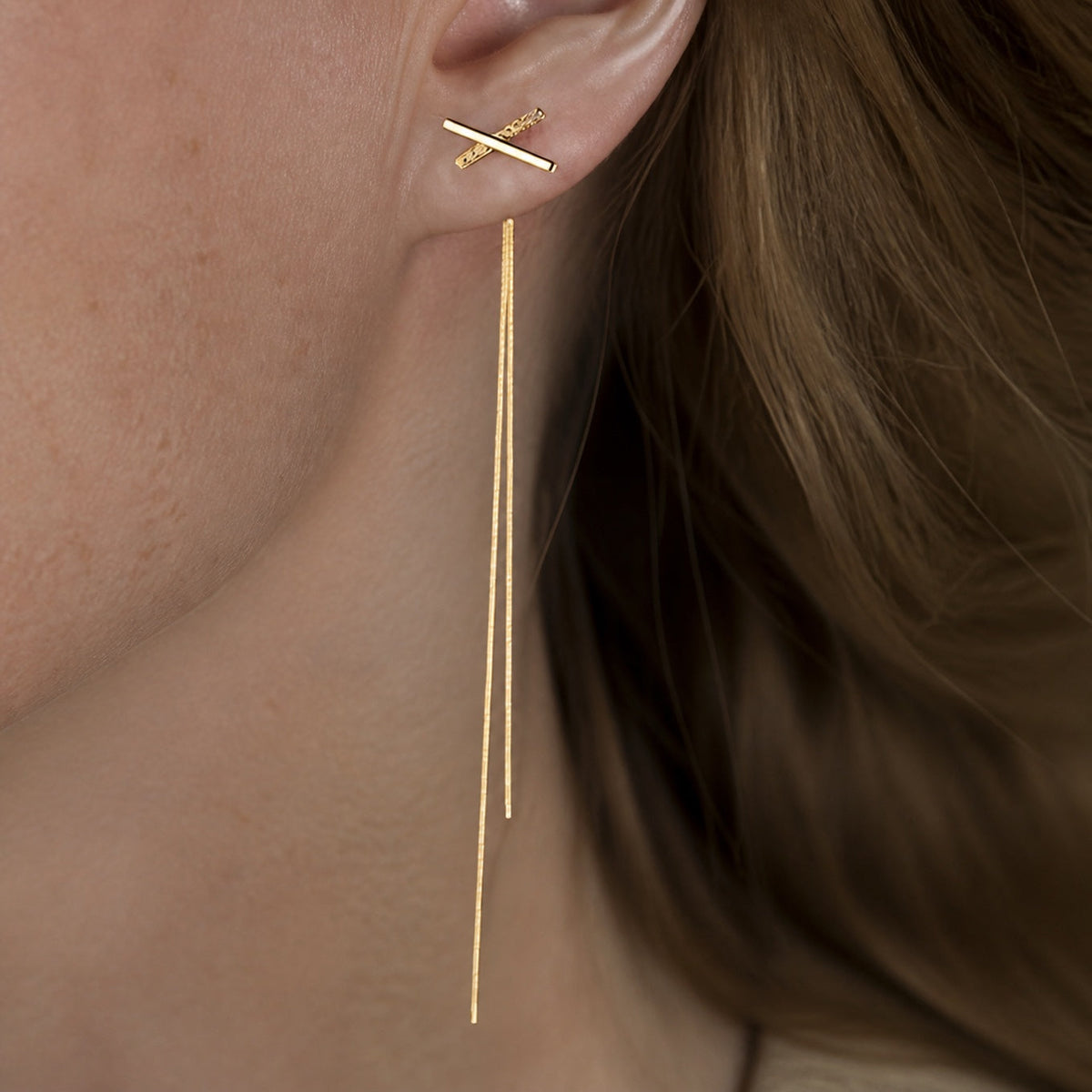 Geometric Cross-Bar Drop Earrings with Textured Copper Detail — view 2