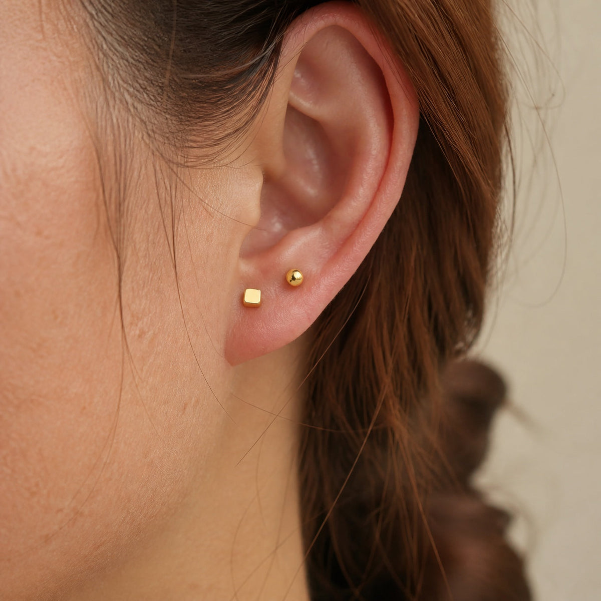 Cube and Sphere Mismatched Gold-Tone Stud Earrings — view 2