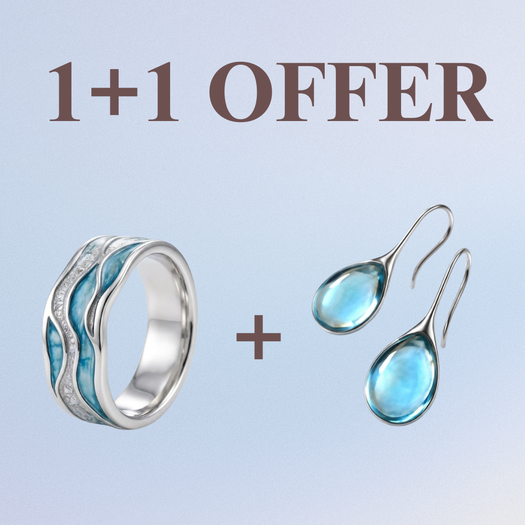 Wave Blue Ring & Drop Earrings Set with Crystal Accents