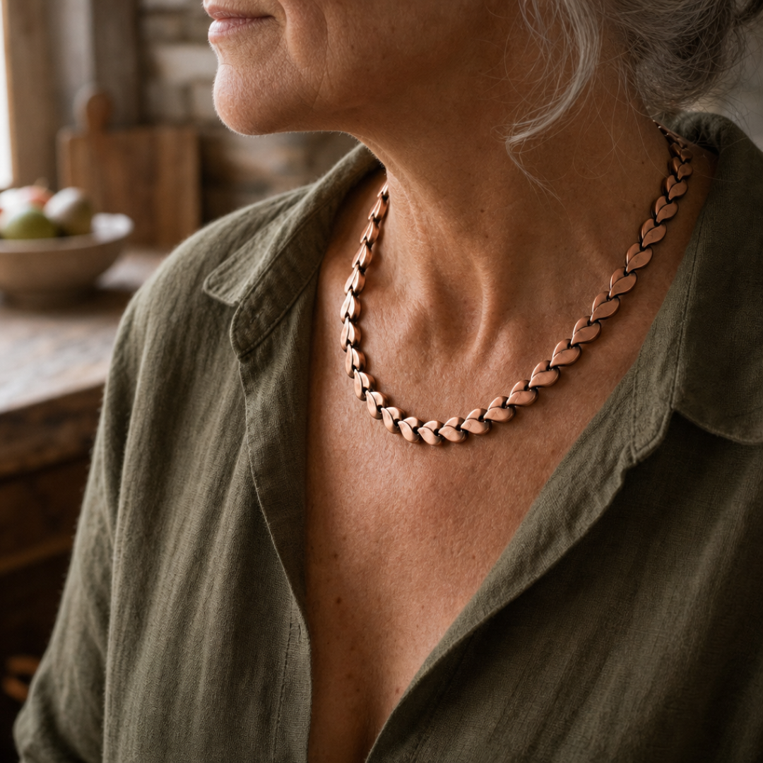 Copper Leaf Chain Necklace with Hand-Shaped Links — Artisan Pure Copper Jewelry — main image