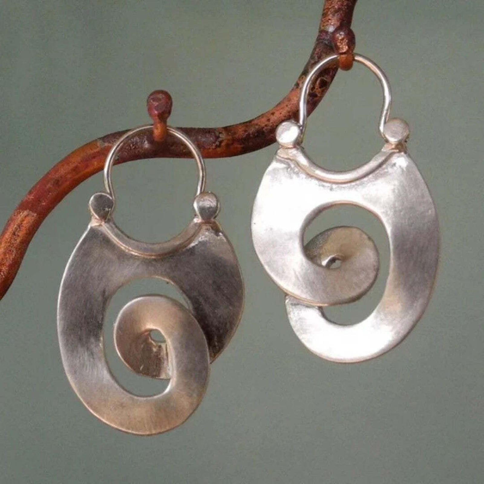 Spiral Drop Earrings with Sculptural Oval Design in Brushed Silver Tone