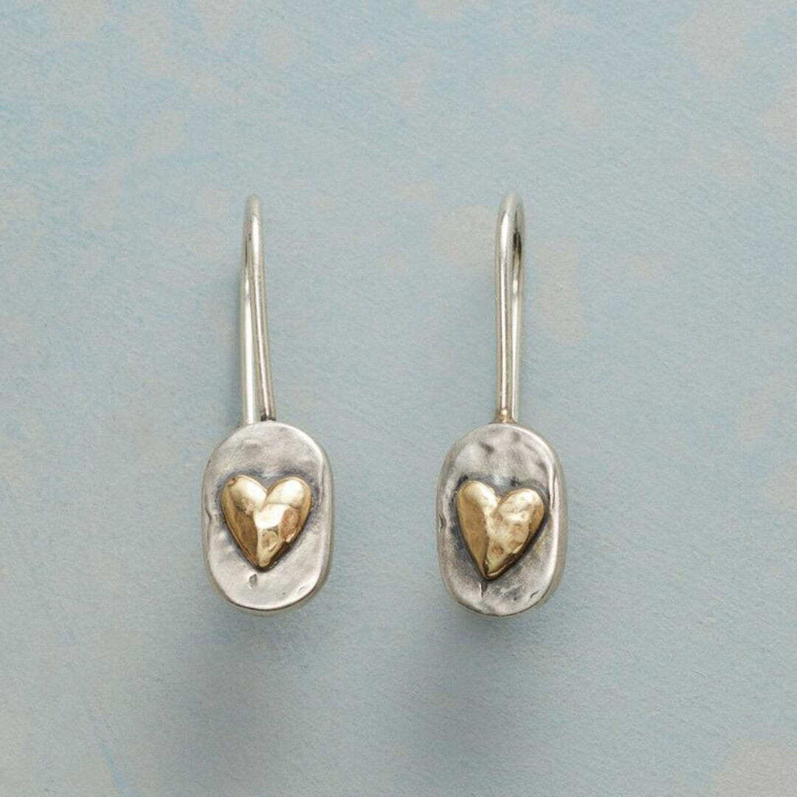 Vintage-Inspired Heart Drop Earrings with Silver and Gold-Tone Contrast