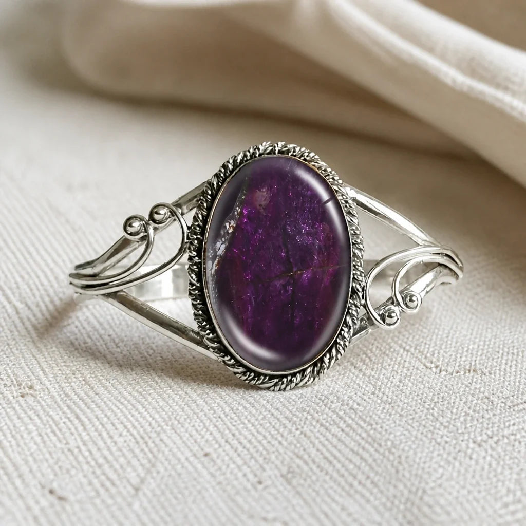 Oval Amethyst Cuff Bracelet with Scrolled Rope-Textured Bezel