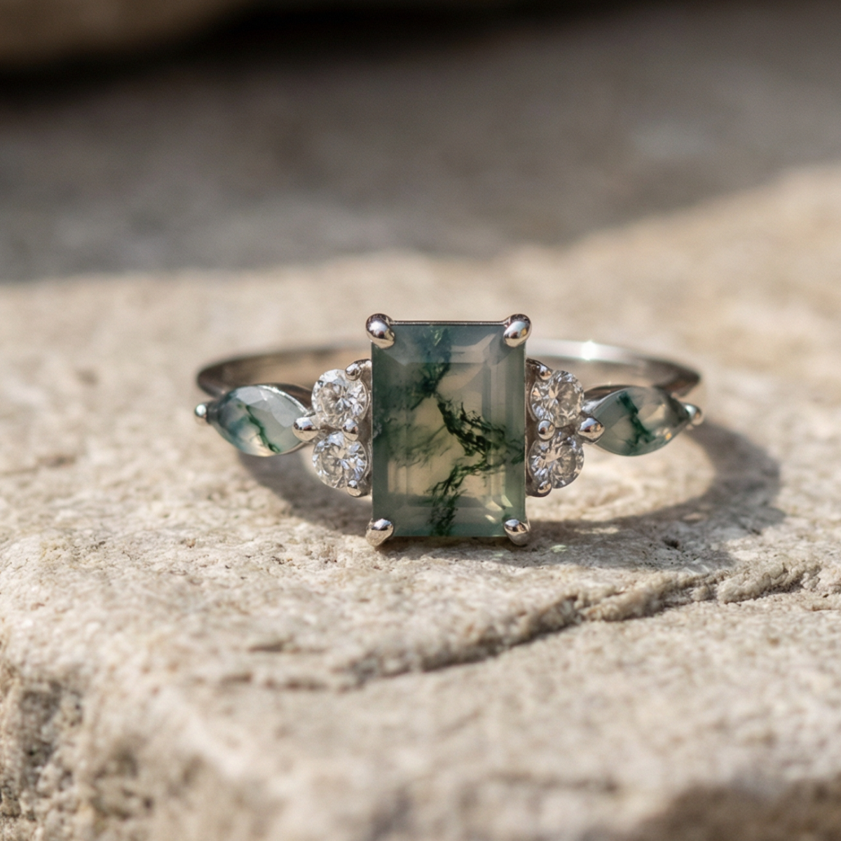 Moss Agate Cubic Crystal Ring